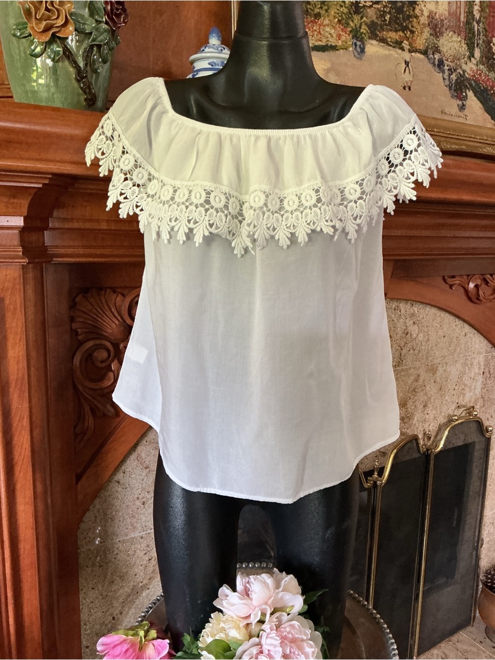 Romantic White Off-Shoulder Lace Trim Top S